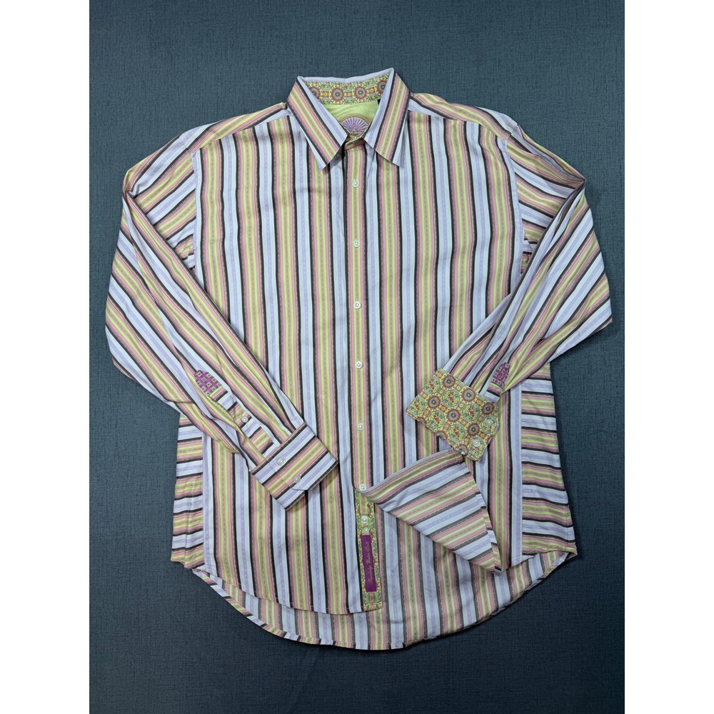Robert Graham Mens XL Button Up Shirt Knowledge Wisdom Truth Pink Green Stripe